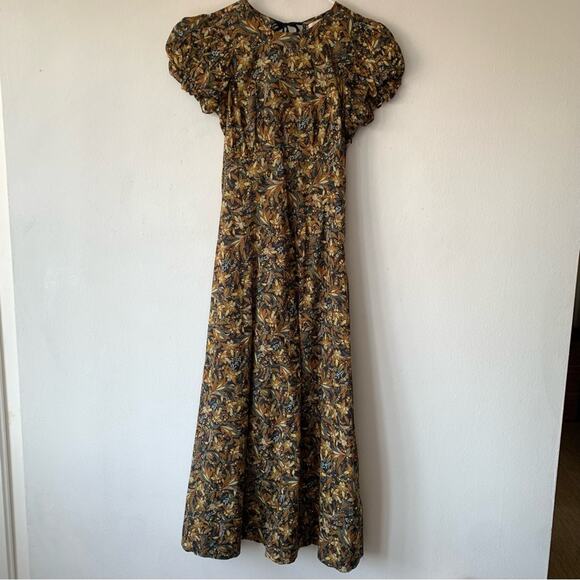 Doen Rhodia Cotton Crew Neck Short Puff Sleeve Maxi Dress Noir Narcissus Floral - Picture 7 of 13